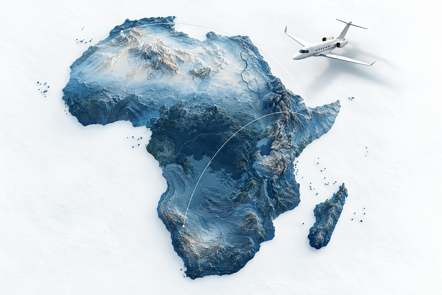 Original illustration of a white business jet above a blue relief map of Africa with connecting flight paths